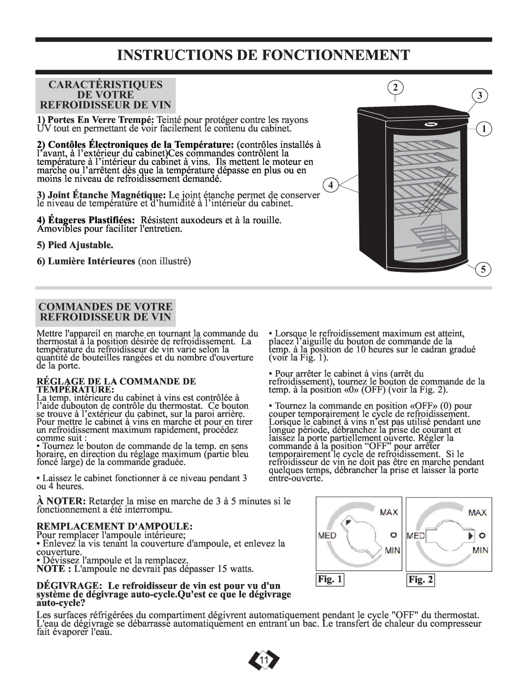 Danby DWC350BLPA Instructions De Fonctionnement, Caractéristiques De Votre Refroidisseur De Vin, Remplacement Dampoule 